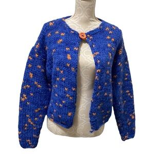 Hand crocheted knitted blue orange open wool thick cardigan Small Blue Orange